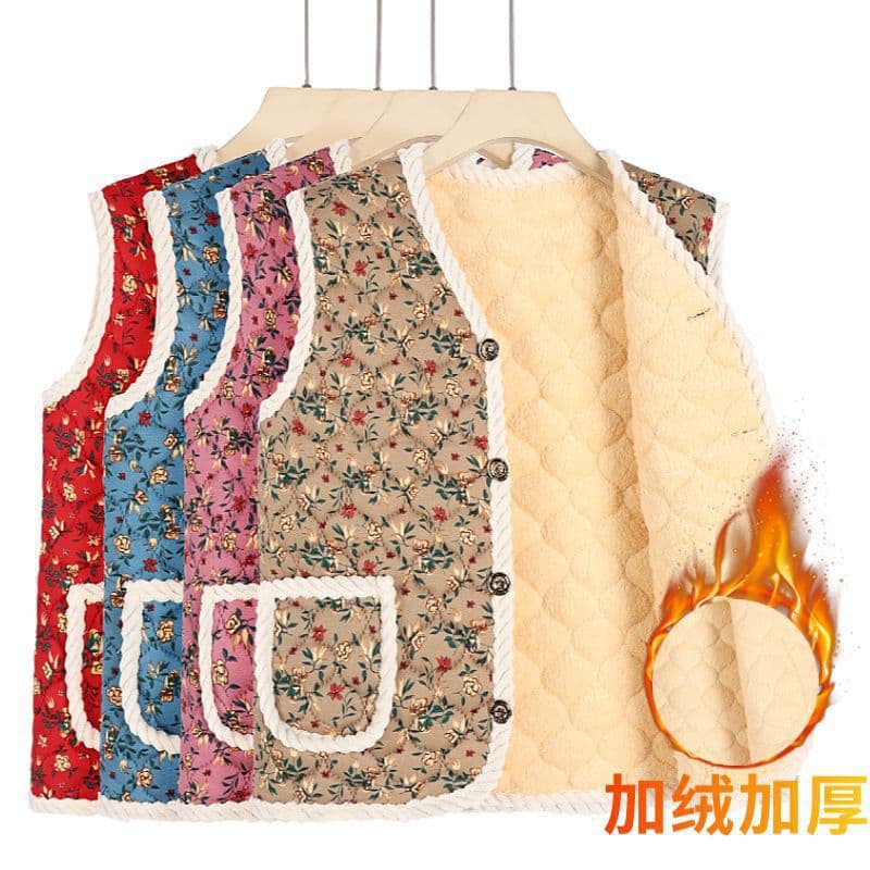 Middle-Aged and Elderly Mom's Clothing Women's Autumn/Winter Style Cotton Vest Warm Sleeveless, Grandma's Sleeveless Outer Wear Literary Retro Style