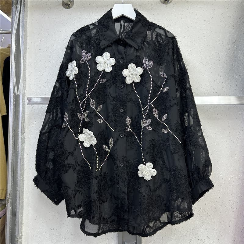 French Top Women Early Autumn New Long Sleeve Shirt Heavy Work Inlaid Crystals 3D Flower Embroidery Versatile Slimming Chiffon Blouse