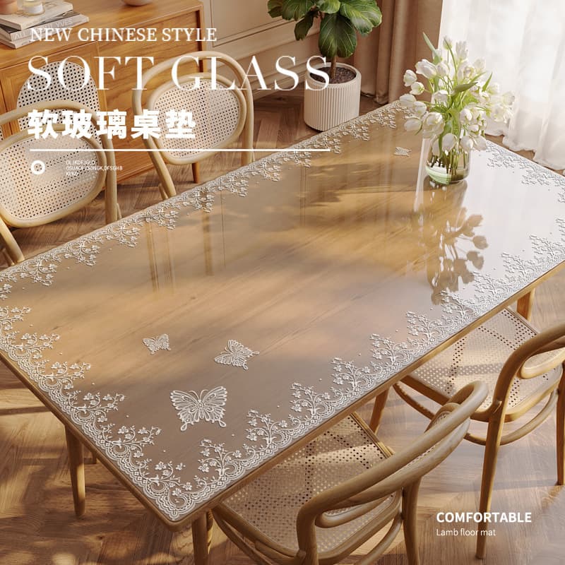 Transparent Soft Glass Table Mat Waterproof Oil-Proof Lace Tablecloth Light Luxury High-End Crystal Pad No-Wash Heat Insulation Mat