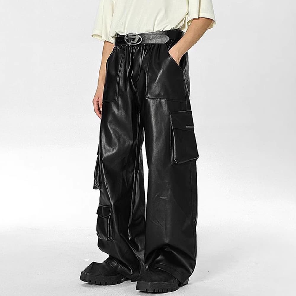American Hip-Hop Punk Leather Pants Men Spring and Autumn West Coast Streetwear Work Pants High Street Trend Brand Multi-Pocket Long Pants