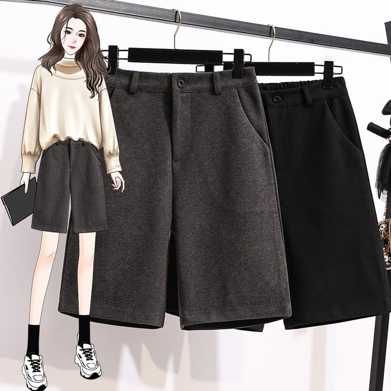 Korean style autumn and winter high-waisted woolen trousers plus size women's loose straight woolen shorts to wear wide-leg mid-length trousers and boot pants