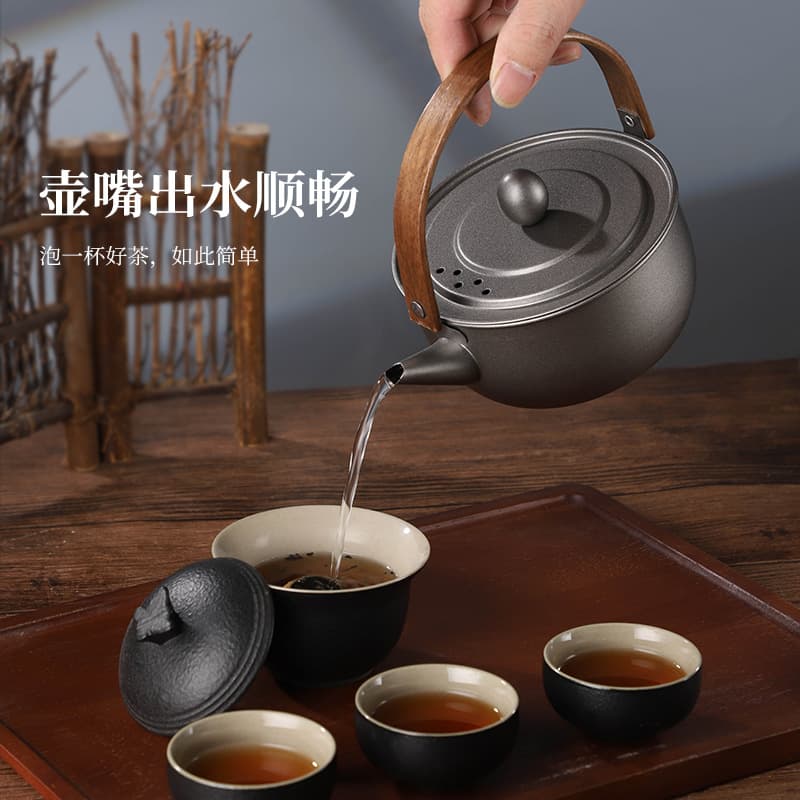 Outdoor black and gray teapot creative tea ceremony Kung Fu tea teapot travel kettle household 304 stainless steel teapot wood