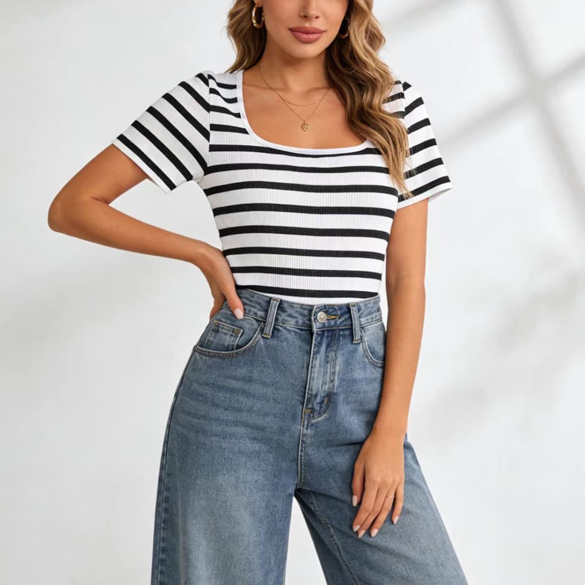 U-neck short sleeve striped bodysuit with thong, yoga sportswear shaping body shaper, waist slimming, hip lifting, street wear