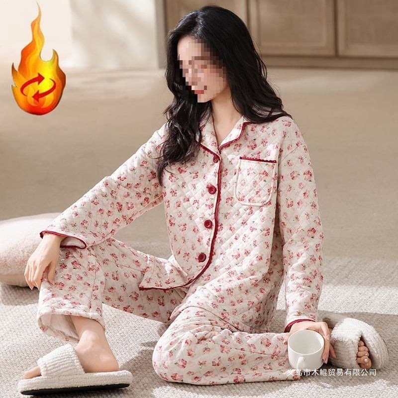 Women's Air Cotton Pajama Set, Thick Interlined Cardigan Long-Sleeve Quilted Warm Loungewear for Autumn and Winter, Wearable Outside