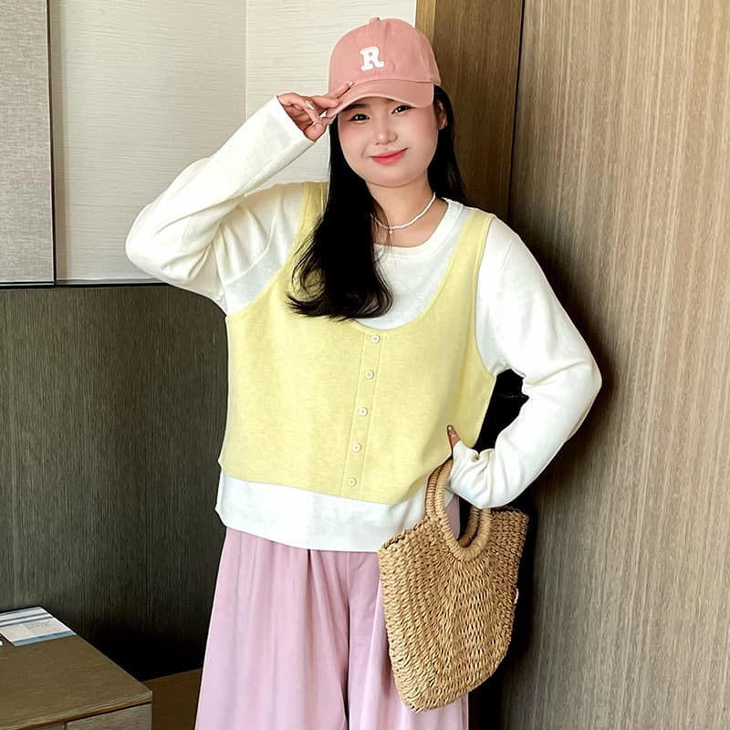 Plus Size Women's Color Block Faux Two-Piece Sweater 2025 Autumn Style Casual Loose Knitwear 22825