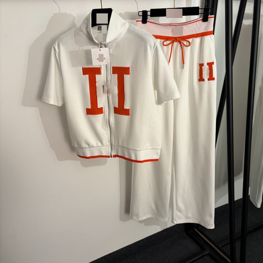 High-end New Style Sportswear Set with H Embroidered Letter Stand Collar Short-Sleeve Zip Jacket + High-Waist Casual Pants