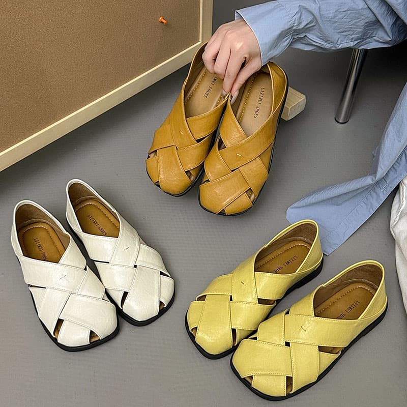 Woven Soft-Sole Sandals for Women 2026 Spring Summer New Breathable Roman Flat with Dresses 2-Way Slide Sandals Trendy