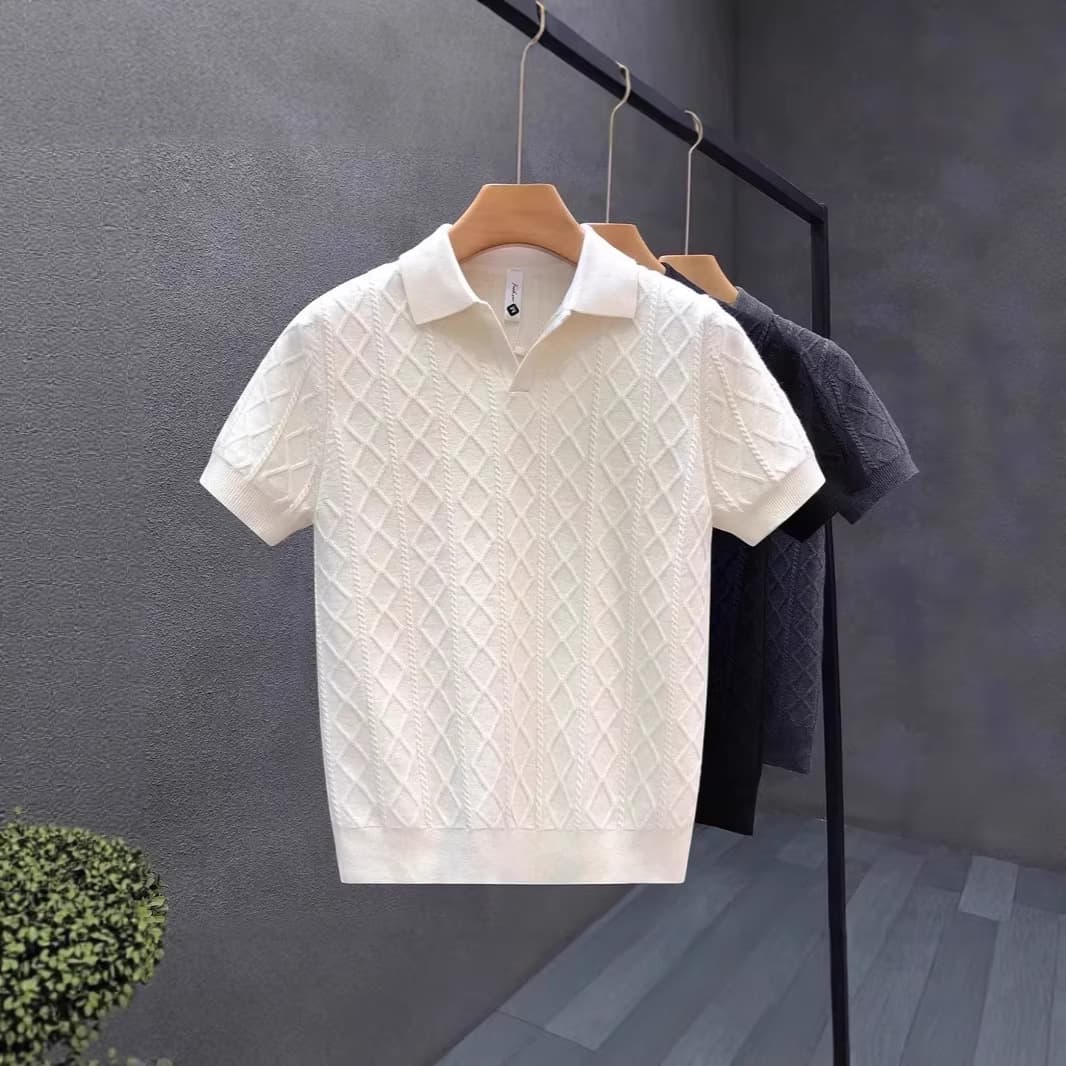 Premium Jacquard Short-Sleeve Knit Shirt for Men, Slim Fit Stylish Polo Shirt, Trendy Turn-Down Collar Casual Base Layer