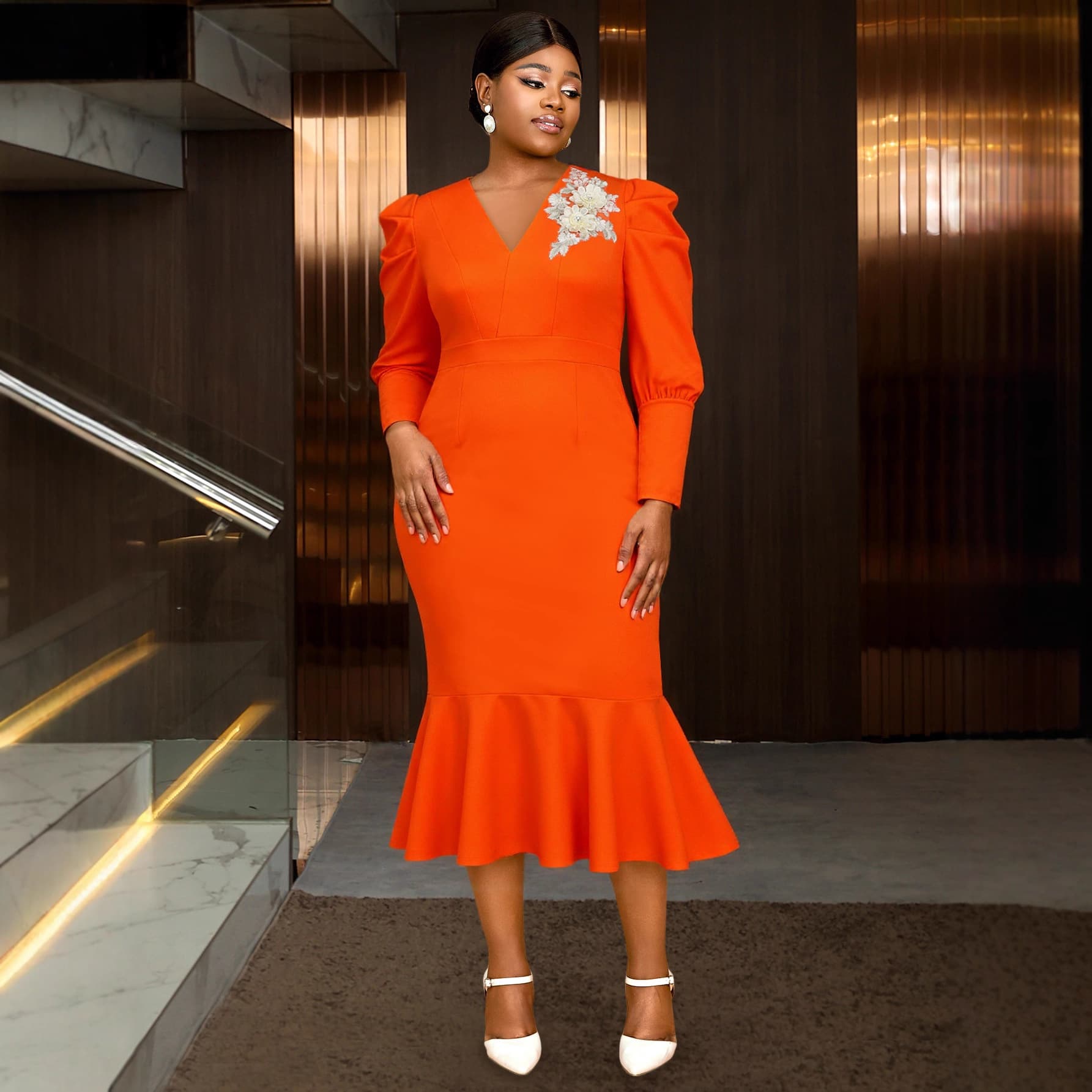 Plus Size Orange V-Neck Embroidered 3D Floral Puff Sleeve Church Wedding Mermaid Fishtail Dress