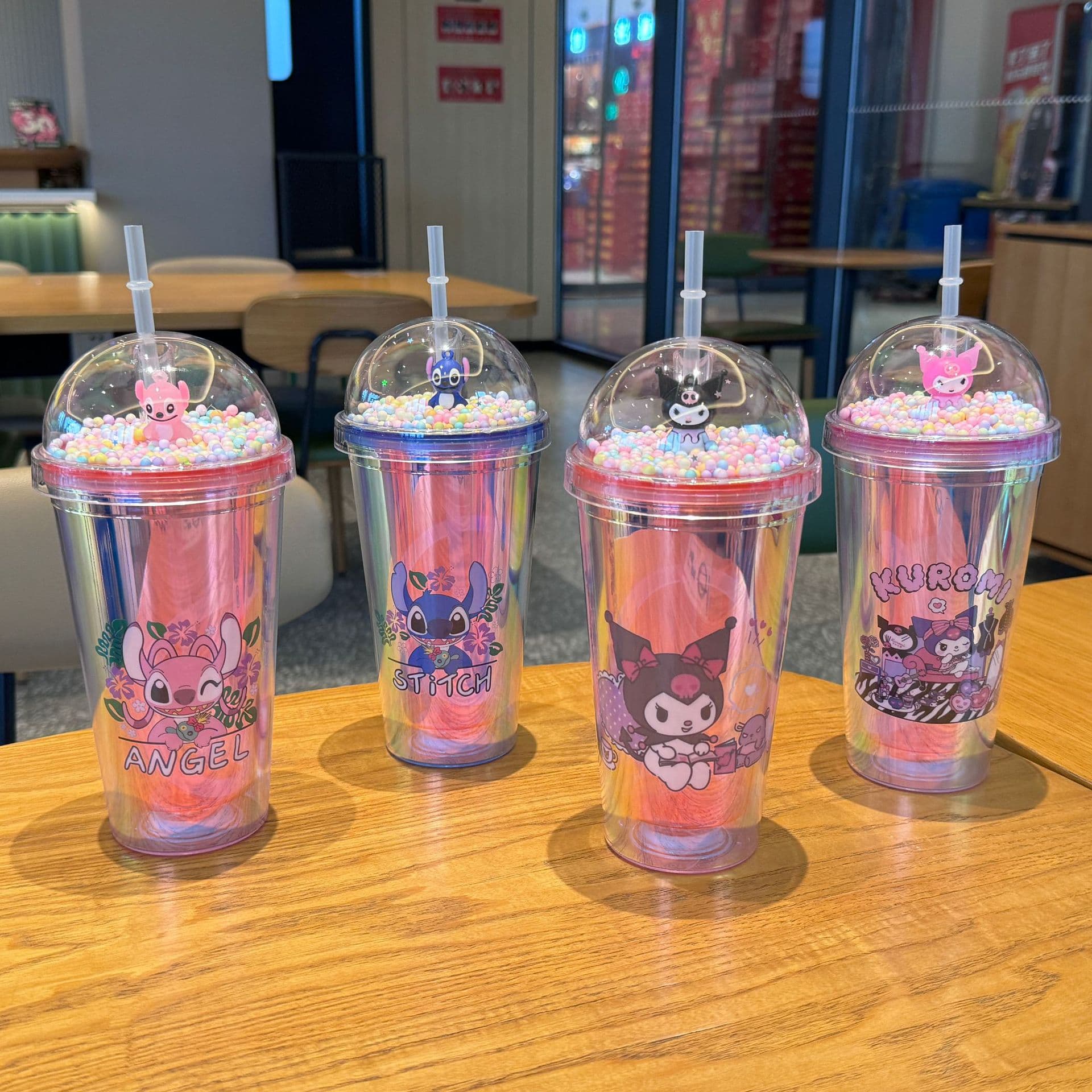New Cross-Border Laser Stitch Water Cup Wholesale Double-Layer Plastic Cup Internet Celebrity Micro Landscape Cartoon Straw Cup Ice Cup