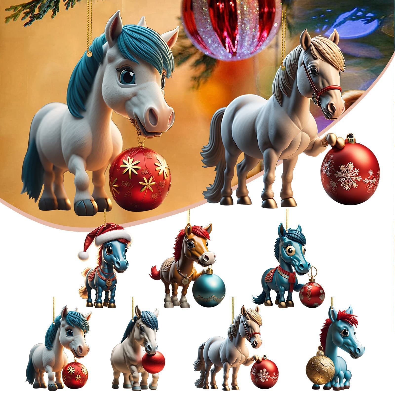 Cross-border Hot-selling Christmas Decoration Cartoon Horse Stepping on Christmas Ball Acrylic Hanging Ornament Christmas Tree Pendant Decoration Accessories