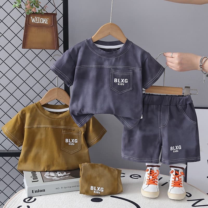 Kids Baby Summer Solid Color Short Sleeve Handsome Boys Sporty Letter Pocket Set 2026 New Two-Piece Set