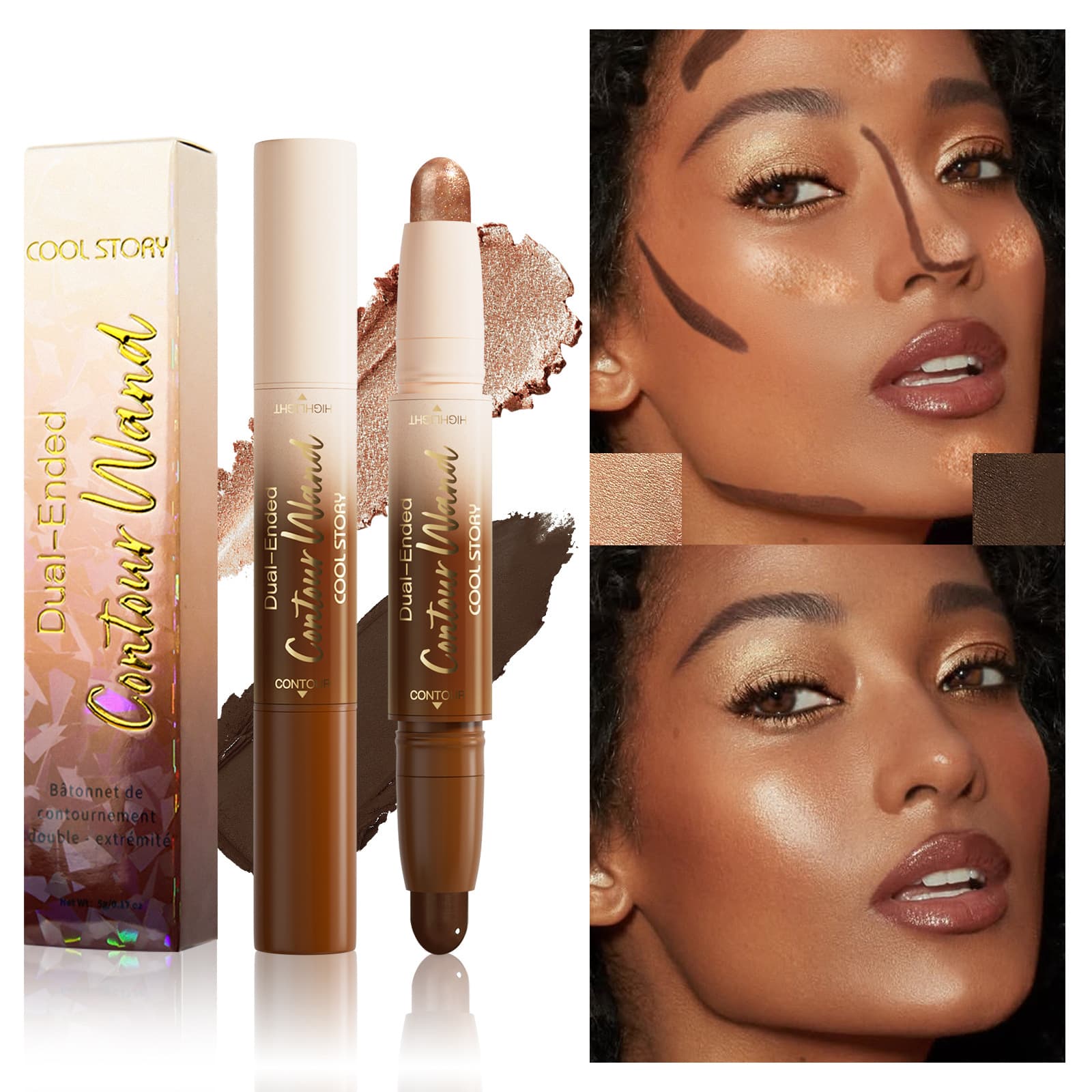 Dual-Ended Contour Stick Natural Easy to Blend 3D Makeup Modify Skin Tone Nose Shadow Highlighter Shadow Dual-Use Cosmetics