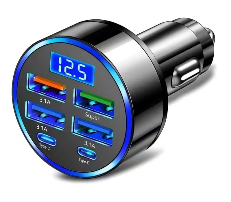 New Digital Display Car Charger 4 USB 66W Fast Charging PD Phone Charger Head One-to-Four with Halo Car Charger
