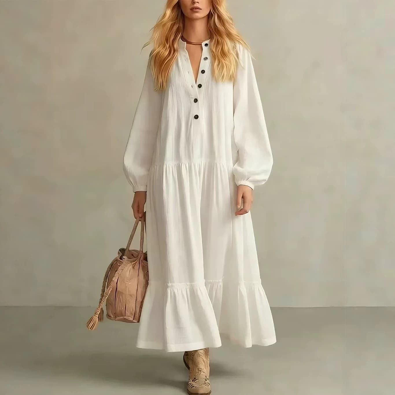 2026 New Women's Long Dress for Cross-Border Trade to Europe and America, Casual Loose Stand Collar Button Long Sleeve Cotton Linen Dress