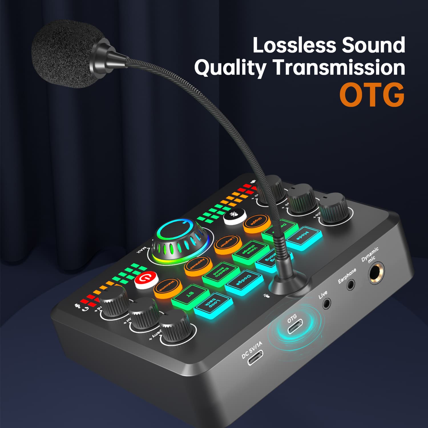 English Conference-Style Live Streaming Sound Card with 48V Phantom Power, Cool Lighting, and Professional Live Streaming Microphone