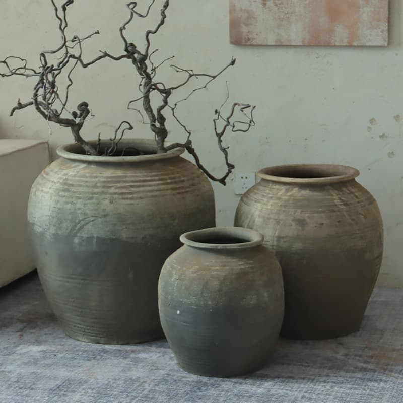 Wholesale Stock Wabi-Sabi Large Round Belly Pottery Floor Vase, Rustic Ceramic Vase for B&B, Courtyard Decoration