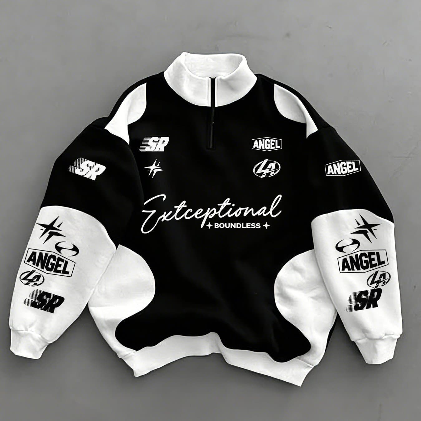Men's Black and White Motorcycle Style Multi-Logo Print Half-Zip Stand Collar Sweatshirt Autumn Winter Loose Streetwear Trendy Top