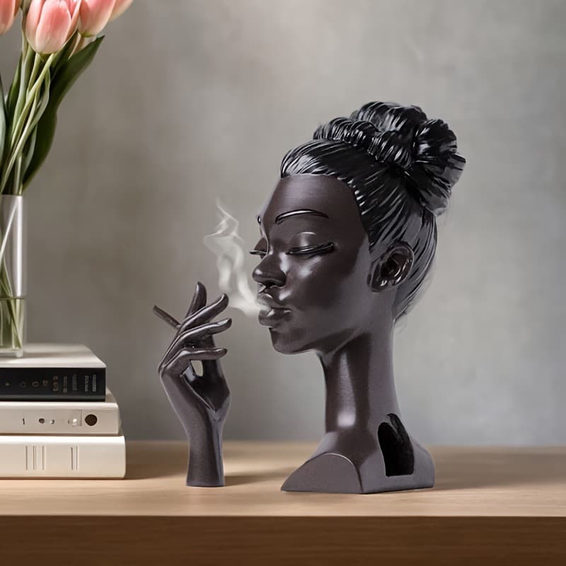 Black Woman Smoker Creative Light Luxury Desktop Ornament Figure Sculpture Resin Craft Black Incense Burner