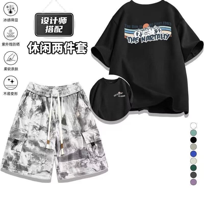 Men's Short Sleeve T-Shirt and Shorts Set Summer Casual Fashionable Matching Outfit