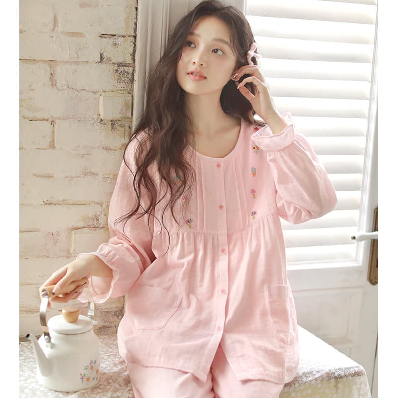 Women's Spring Pajamas New Cotton Gauze High-Craft Embroidery Round Neck Sweet and Cute Ladies Long Sleeve Homewear Set 69