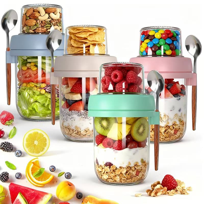 Clear Glass Yogurt Cup with Spoon, Sealed Overnight Oats Cup, Portable Breakfast Cup, Salad Cup, Food-Grade Heat-Resistant