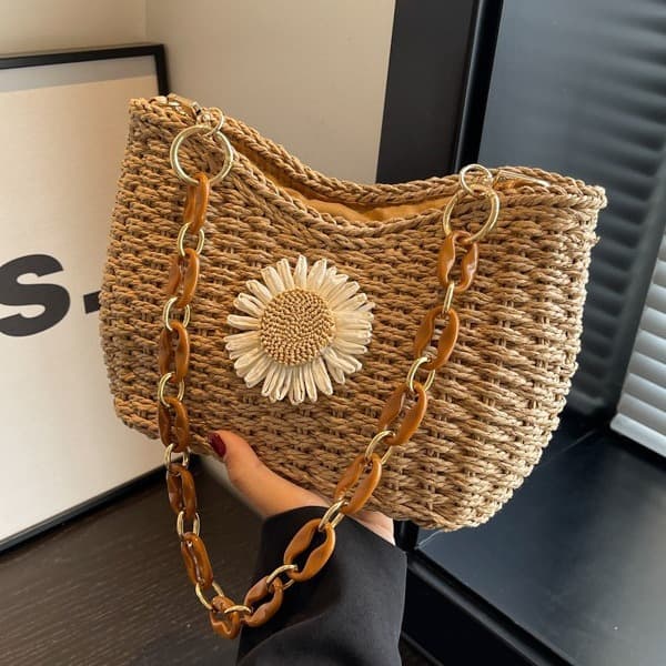 Forest pastoral style woven bag for women 2025 new sunflower straw bag seaside vacation beach single shoulder armpit bag