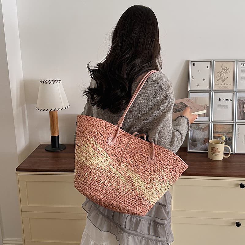 Handheld Small Fresh Gradient Woven Bag French Style Large Capacity Tote Bag Daily Casual Vacation Beach Bag Simple Bag