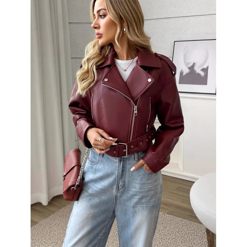 2026 New European and American Style Short PU Leather Jacket Women's Motorcycle Biker Jacket Retro Turn-Down Collar Slim Fit Versatile Coat Wholesale