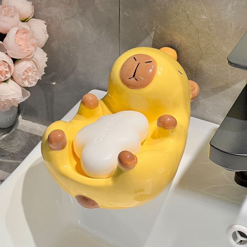 [8,263 Collectors] Automatic Drain Capybara Soap Dish Holder, Bathroom Household Ceramic Organizer