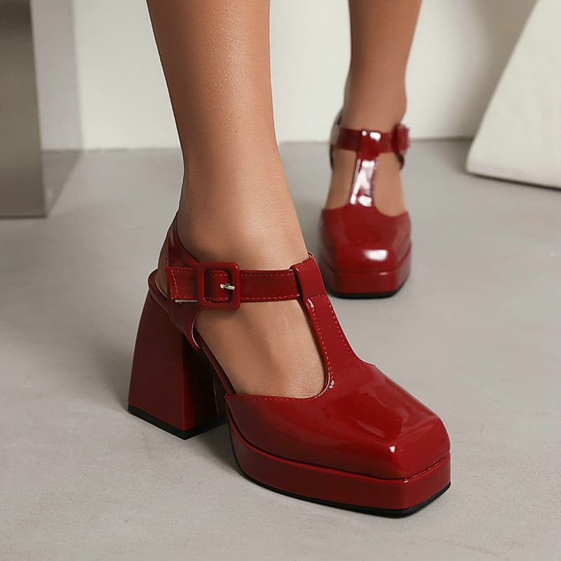 Patent Leather Mary Jane Women's Flats Spring/Autumn New Square Toe Chunky Heel Ultra High Heel T-Buckle Women's Flats Backless Women's Sandals