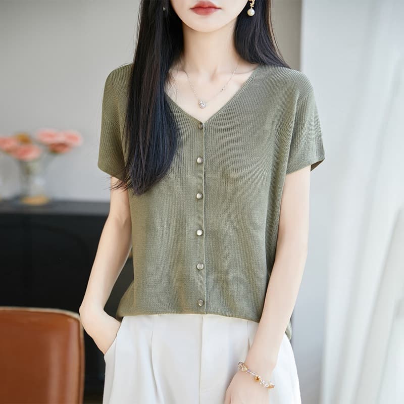 [Direct supply from the manufacturer] Summer Lyocell Tencel short-sleeved V-neck solid color versatile cardigan women's thin T-shirt top