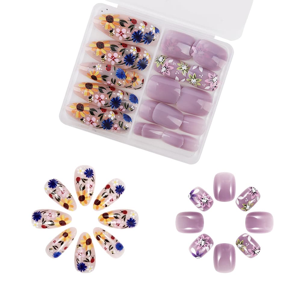 48 Short Glossy Flower Combination Press-On Nails, Fresh Sunflower Pattern Press-On False Nails