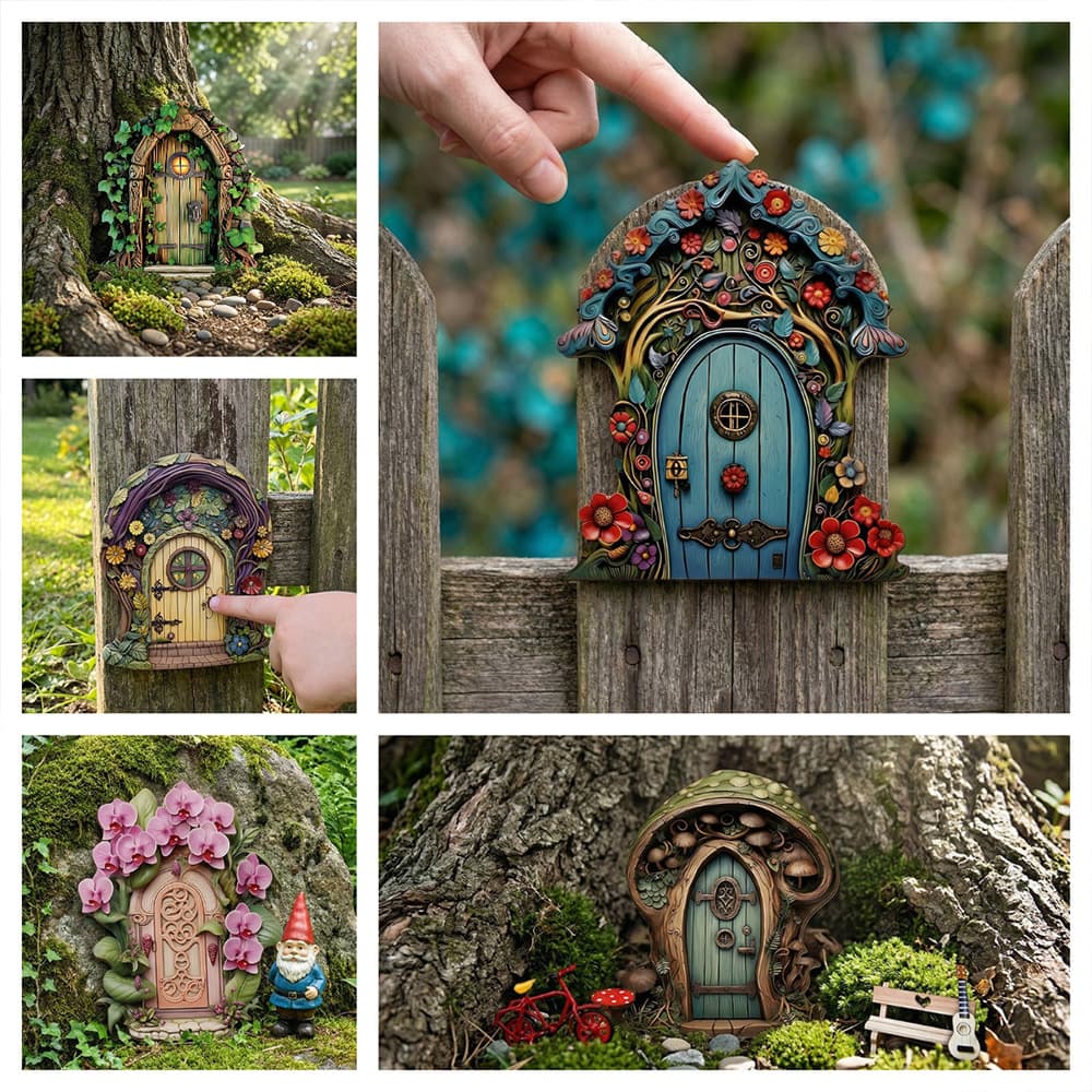 Creative Forest Wooden Miniature Fairy Door with Flowers, Vines, and Mushrooms - Multiple Dreamy Designs for Potted Plant Landscaping