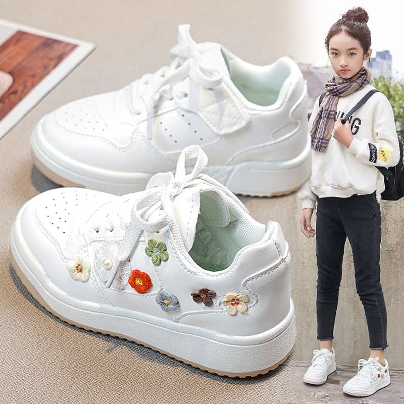 Children's Sports Shoes Girls 2026 Spring New Flower White Shoes Leather Soft Sole Princess Sneakers