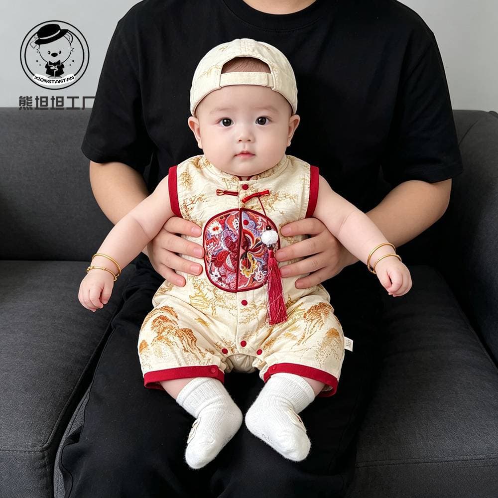 New Chinese style baby boy jumpsuit, summer baby clothes, summer full moon 100th birthday party dress, Tang suit, young master suit