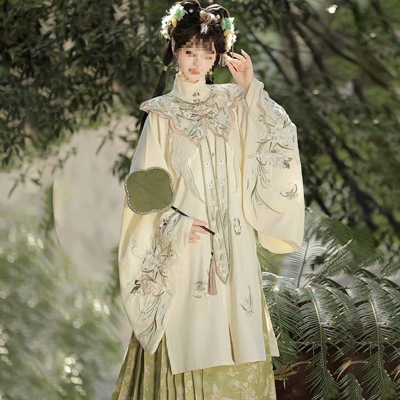 Original Hanfu Women's【Zhi Hua Yi】Ming-style Stand-up Collar Long Shirt Embroidered Cloud Shoulder Horse-face Skirt Spring and Autumn Style