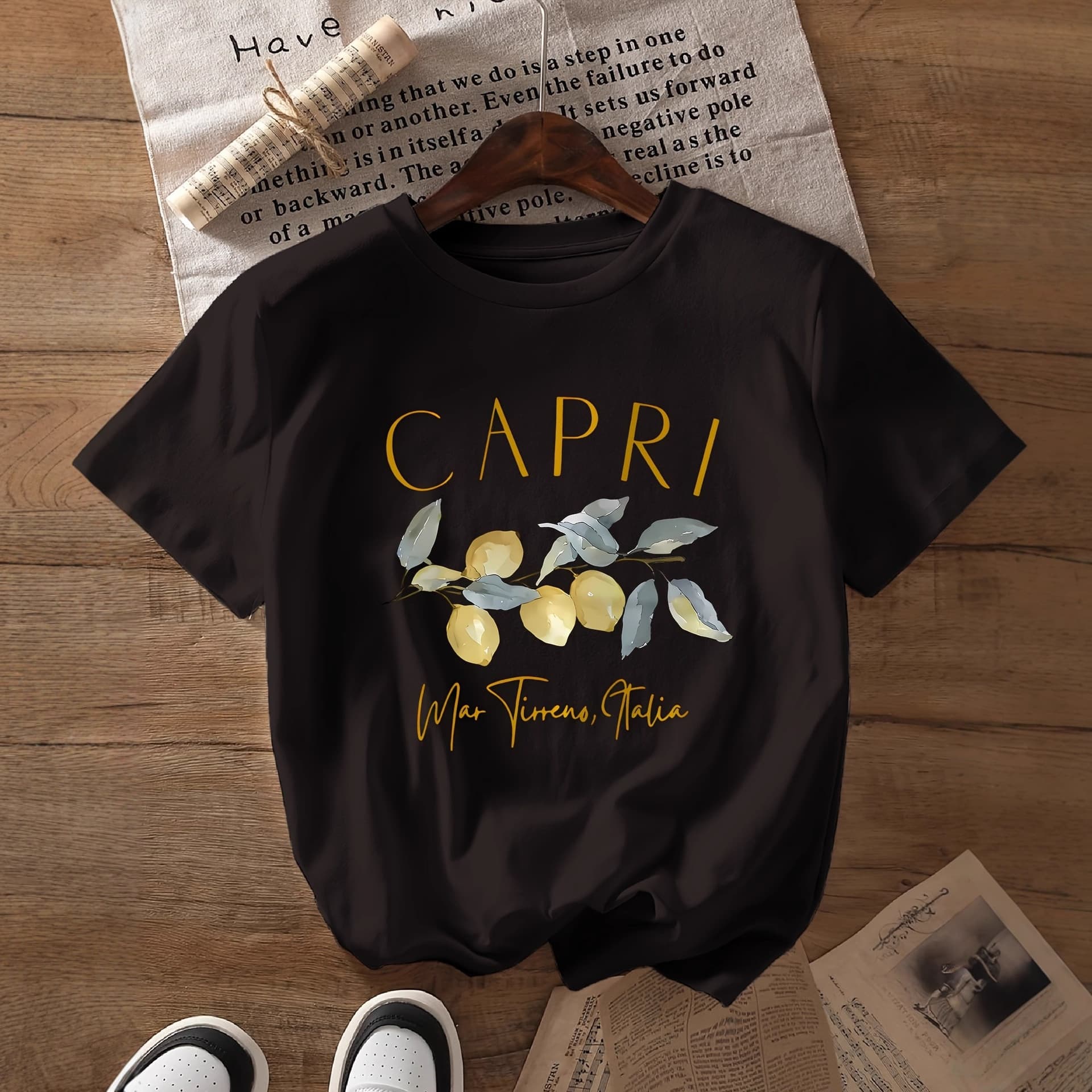 Hot-selling export European and American stylish summer T-shirt, women's light yellow lemon print short-sleeve casual top