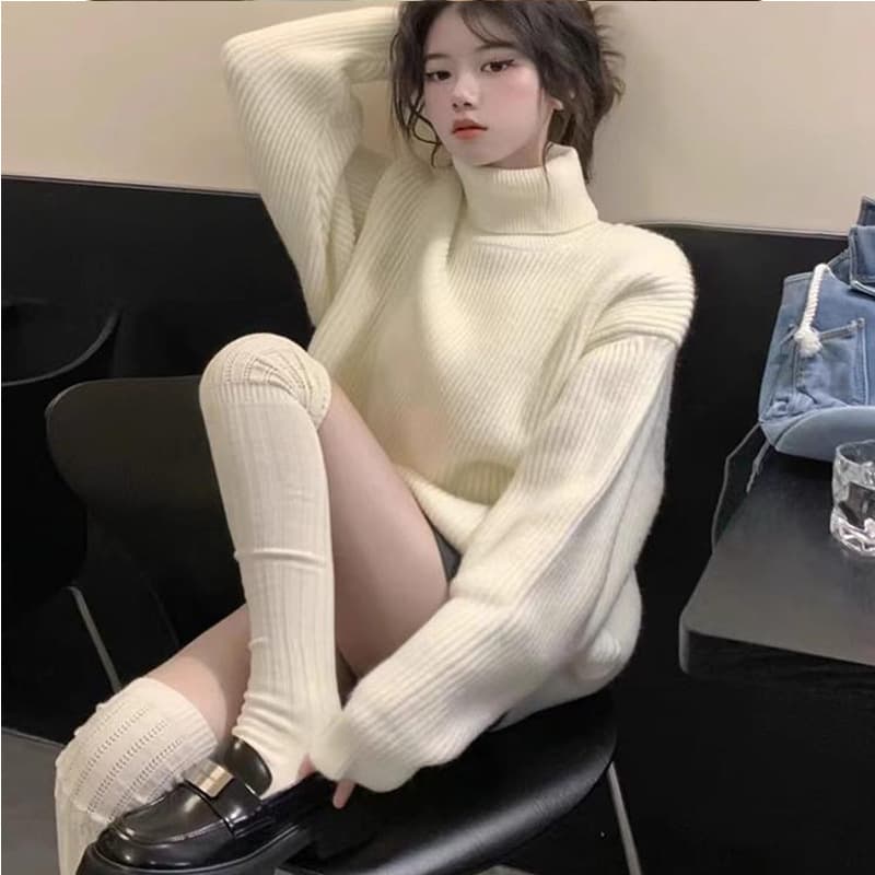 Cozy Soft Cream White Pullover High Neck Sweater for Women, New Fall Winter Style, Premium Thick Knit Top