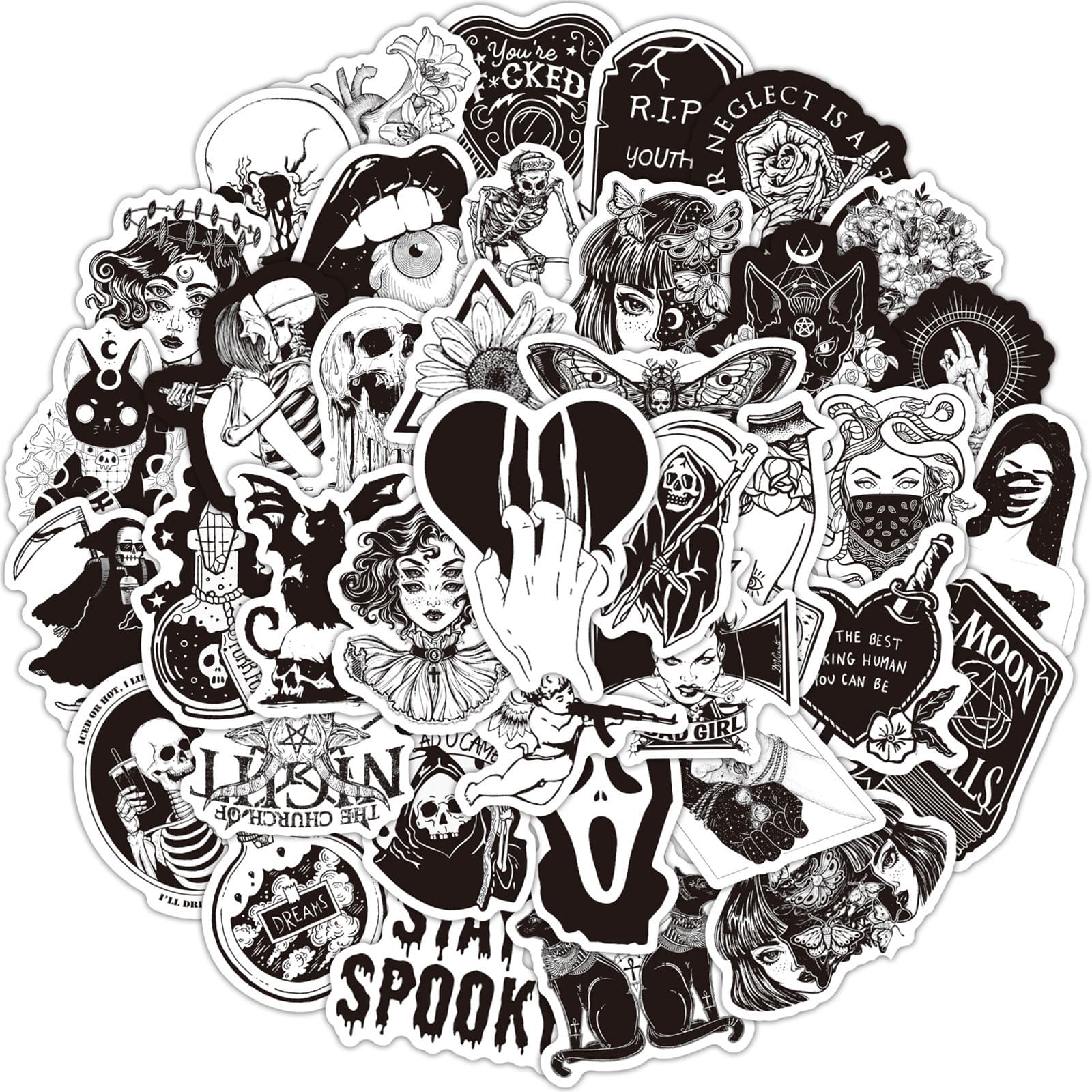 50 Sheets Black White Gothic Witch Skull Stickers For Skateboard Guitar Water Cup Luggage Computer