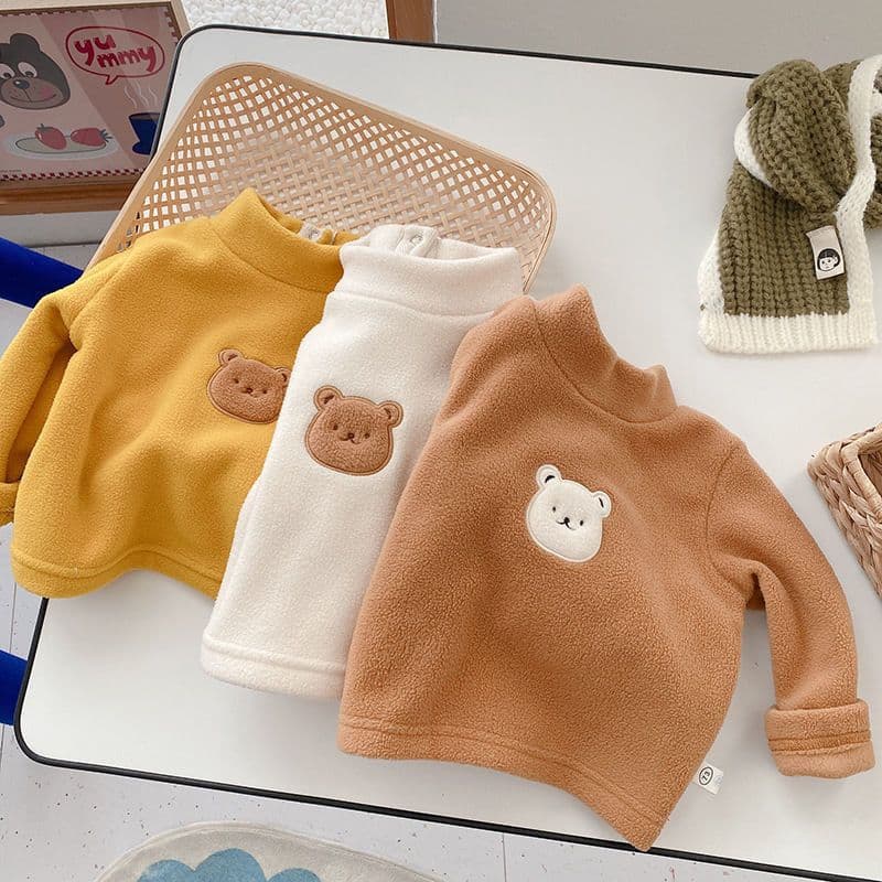 Autumn Winter Boys Girls T-Shirt Baby Stylish Infant Toddler Personalized Trendy Cartoon High Neck Thickened Double-Sided Fleece Base Layer Top