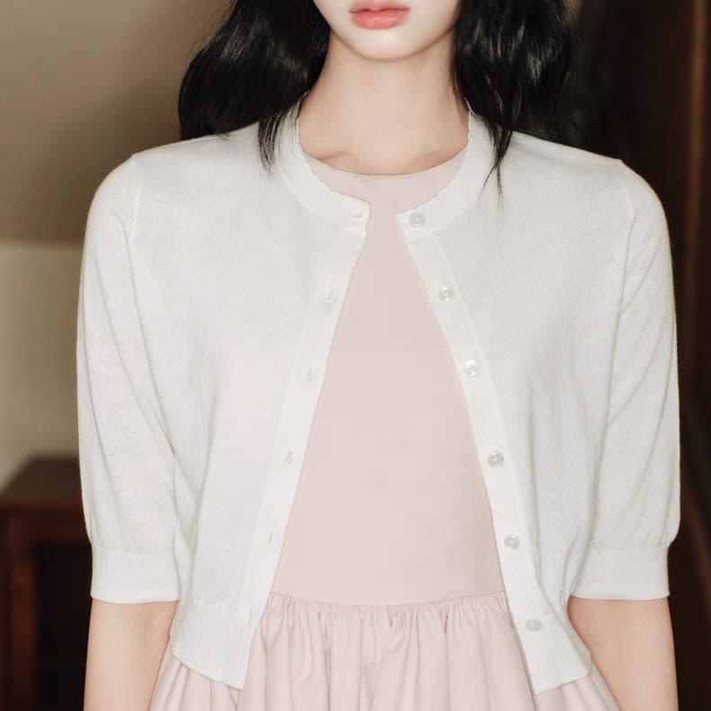 avenement / Round Neck Half-Sleeve Knitted Cardigan Outer Layer Layered Short Top Jacket Five-Sleeve Women Spring Summer