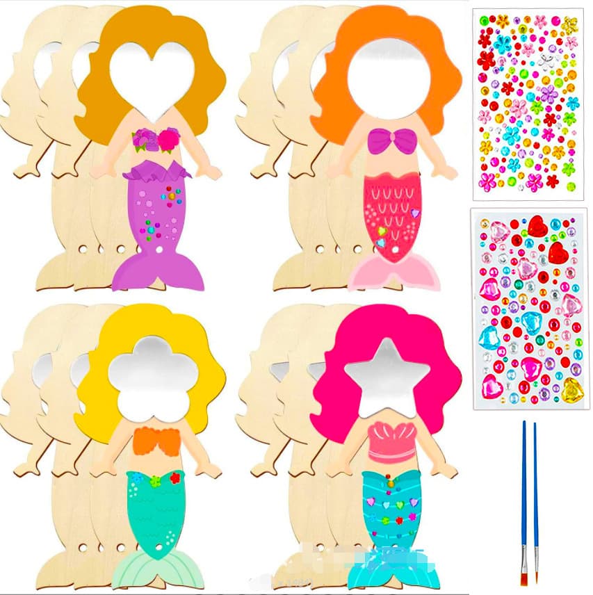 Wooden Mirror Craft for Kids, Princess Mirror with Rabbit and Cat Design, DIY Hand Mirror for Girls, Butterfly Makeup Mirror