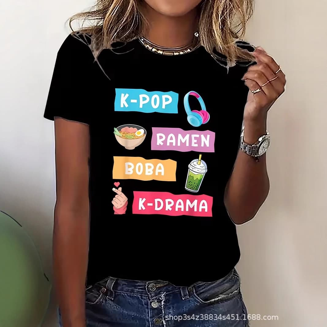 Kpop ramen Boba Kdrama element printed short-sleeved T-shirt loose Korean fashion brand top
