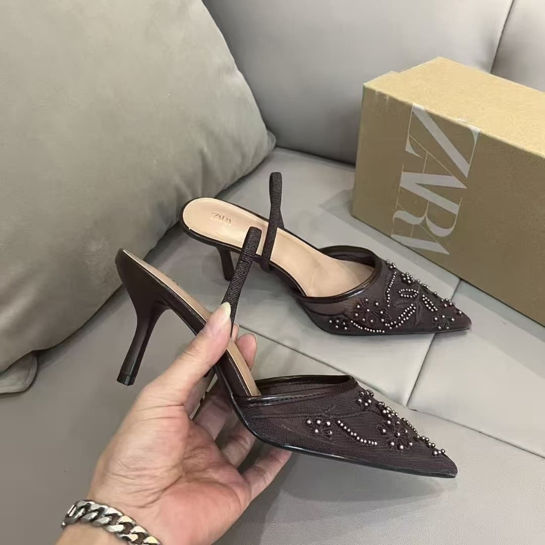 ZA 2024 Autumn New Arrival Pointed Toe Closed Toe Open Back Pearl Embroidered Mesh Strap High Heel Mules
