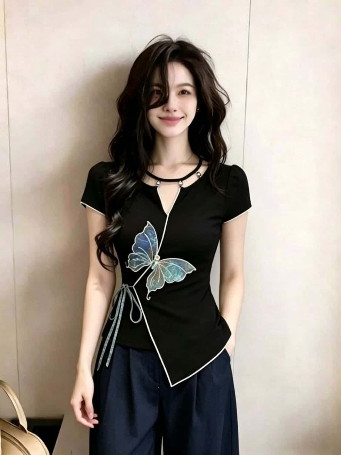 Designer Bow Short Sleeve Top 2026 Summer Fashionable Tummy-Hiding Slim Unique Office Top