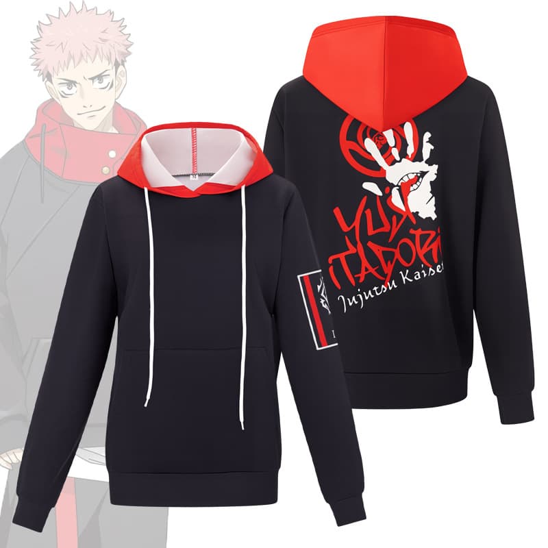 The spell returns to fight Japanese knotweed Hisahito's same style contrasting black and red hooded sweatshirt anime two-dimensional loose pullover for men and women