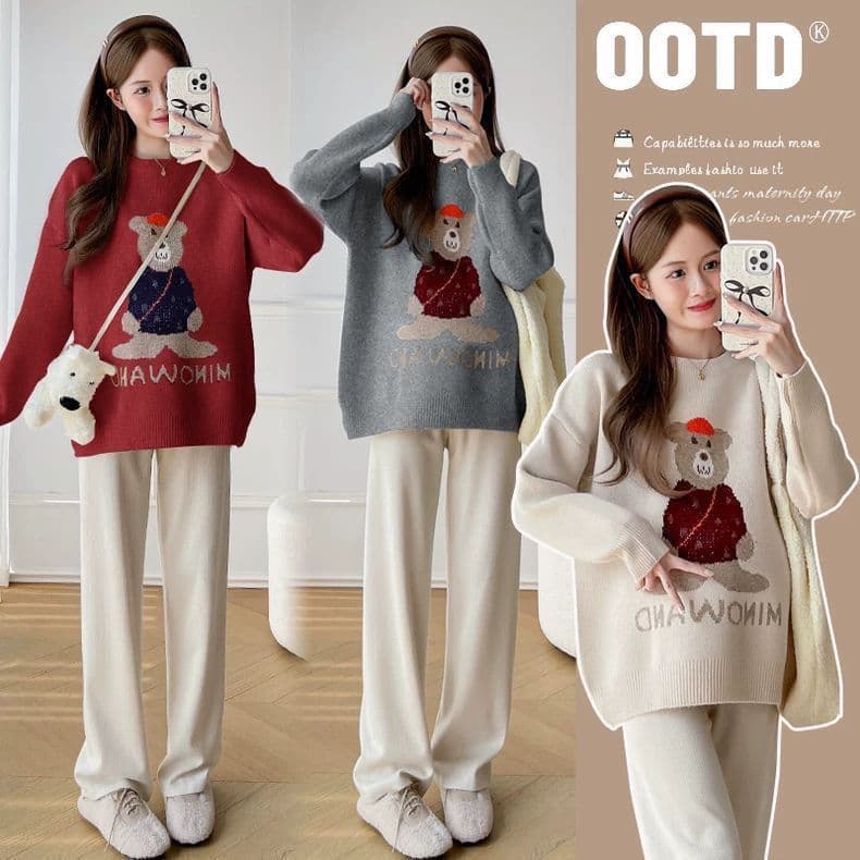 Plus Size Maternity Women's Clothing 2025 Autumn/Winter Sweater Bear Loose Knit Top Internet Celebrity Thick Outerwear
