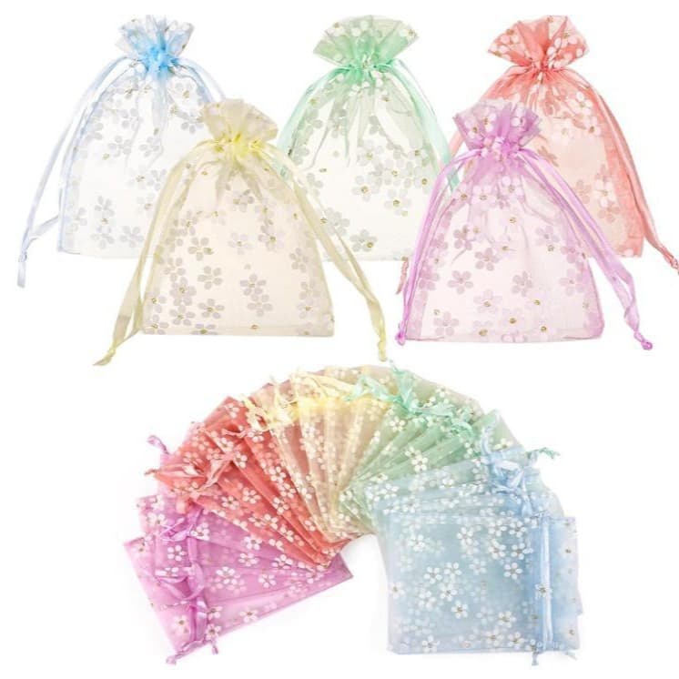 Small Floral Gift Mesh Bags, High-Density Pearl Gauze Bags, Printed Organza Bags, Cosmetic Drawstring Organza Bags