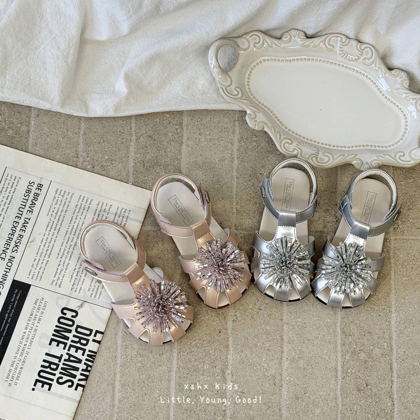 XSHX Eternal Diamond Flower | High-Intelligence Light Luxury Sparkly Girls Princess Sandals Spring Summer French Vintage